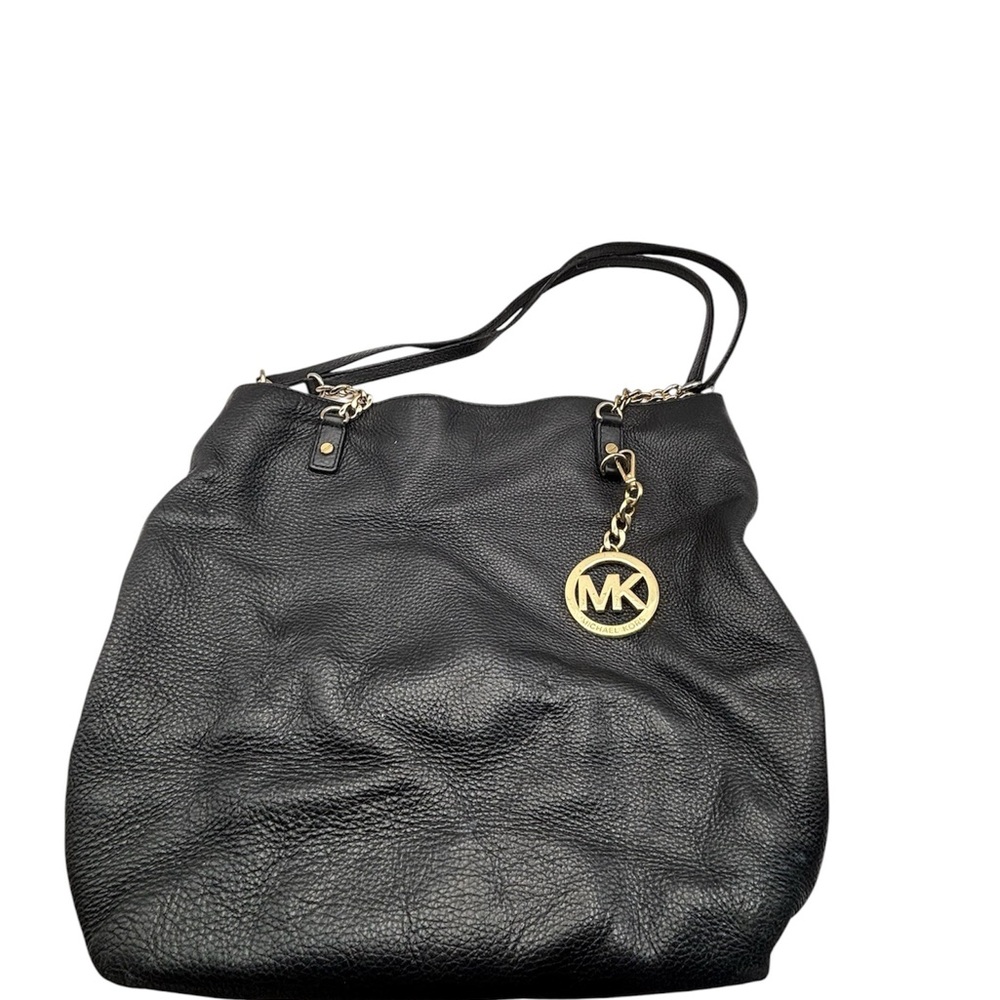 Michael Kors Black Pebbled Leather Shoulder Bag with Gold MK Charm